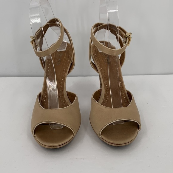 Hugo Boss tan satin ankle wrap sandal shoe champagne beaded heel platform 37.5 7 - Picture 4 of 9